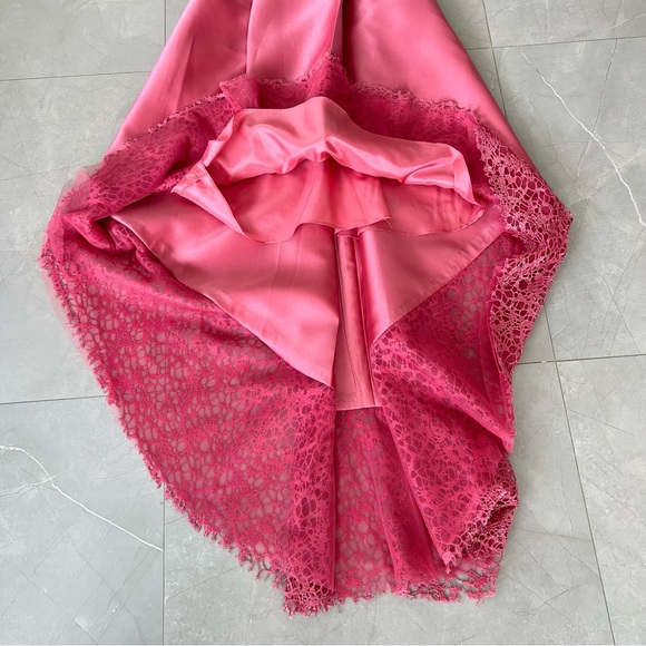 MONIQUE LHUILLIER High Low Laced Sleeves V Neck Cocktail Evening Gown Dress Sz 6 - Picture 12 of 15